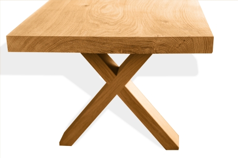 Set: Küchentisch + Sitzbank mit X Gestell aus Massivholz Eiche 40mm klar lackiert